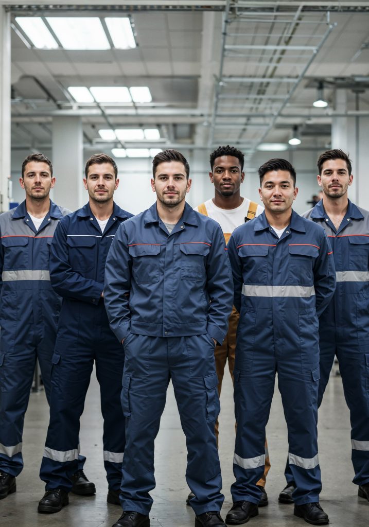 group confident men blue uniforms posing factory setting